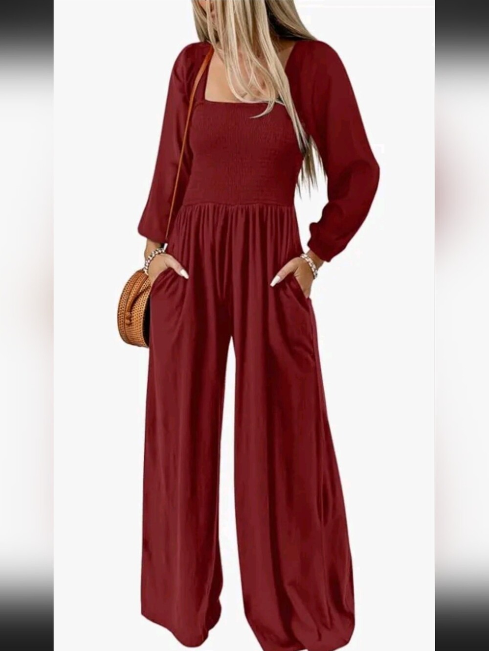 Women’s Long Sleeve Wide-Leg Jumpsuit - Burgundy Size XXL